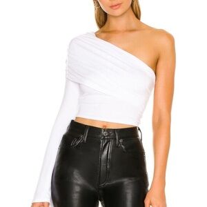 Lovers + Friends white one shoulder crop top Sz S ruched overlay modal blend New